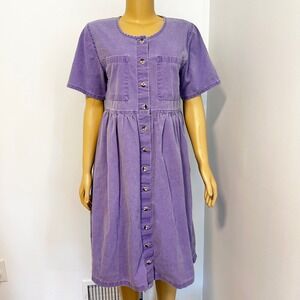 Vintage Sunbelt Purple Denim Button Down Babydoll Dress Short Sleeve Womens M